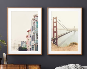 San Francisco Art, Print Set of 2 | Unframed Photography | Featuring Golden Gate Bridge and Row Houses, Pastel Art | Pick Your Size