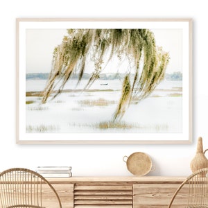 Charleston Photography, Low Country Landscape Art Print, Live Oak Tree with Spanish Moss, Boat Art, Coastal Decor, Beaufort SC | Many Sizes