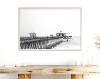 Charleston Art, Folly Beach Print, Black and White Photography, Pier Art, Architectural, Modern Coastal Decor, South Carolina "Folly Pier"