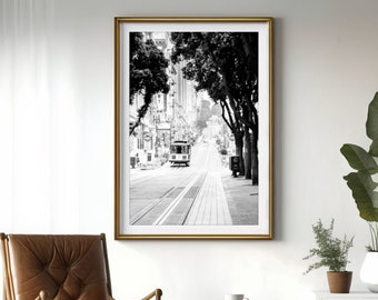 San Francisco fotografie, zwart-witte kunst, kabelbaan kunst, San Francisco print, kabelbaan decor, stedelijke muur decor, reizen kunst "Downhill"