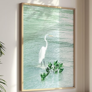 Bird Art, White Bird Decor Egret Print Coastal Wall Art Bird Gift Florida Print Living Room Art Bird Nursery Print Beach House Blue Art