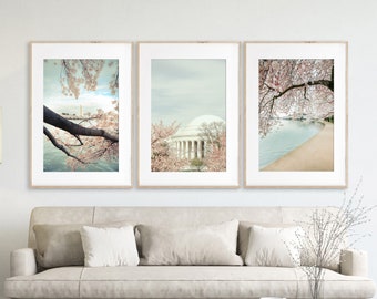 Washington DC Art - Photography Set of 3, Cherry Blossoms Print Set with Jefferson Memorial, Washington Monument & Tidal Basin | Many Sizes