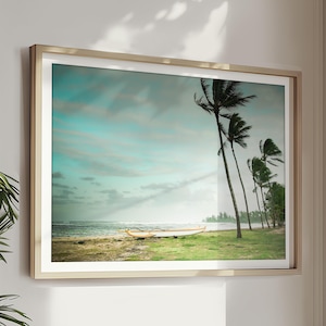Hawaii Wall Art, Hawaiian Print, Hawaii Beach Print, Palm Tree Decor, Aloha Art, Outrigger Canoe, Coastal Art, Pick Your Size