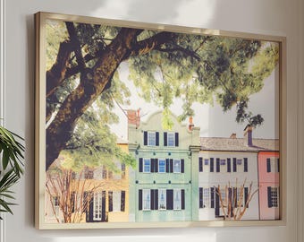 Charleston Wall Art, Rainbow Row fotografieprint - ingelijst | Charleston-decor, groen geel roze kunst, Charleston Home Art | Vele maten