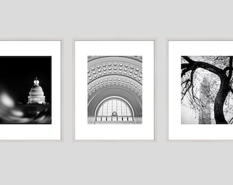 Washington DC Fotografía Impresión Conjunto de 3, Arte en blanco y negro, Capitolio, Union Station, Monumento a Washington, Decoración de la pared de DC, DC moderno