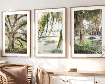 Charleston Art: Lowcountry Marsh Prints Live Oak Trees Spanish Moss Wall Art Green Nature Decor Boat Photography Bridge Prints (Set of 3)