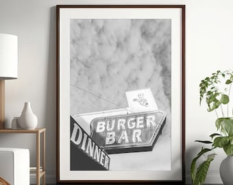 Burger Print, Retro Kitchen Art Burger Art Vintage Burger Bar Sign Black and White Photography Boho Kitchen Art Neon Sign Kitchen Decor