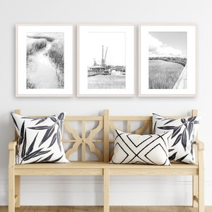 Charleston Photography Art, Print Set of 3 - Unframed | Shem Creek Artwork, Black and White Coastal Wall Art, Low Country Boat | Many Sizes