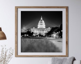 Arte de Washington DC, Fotografía en blanco y negro, Edificio del Capitolio por la noche, Decoración de la pared de DC, Capitolio de EE. UU. / Muchos tamaños