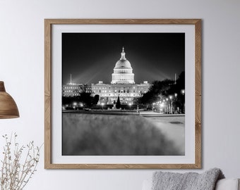 Washington DC Art, Black and White Photography, Capitol Building at Night, DC Wall Decor, US Capitol | Many Sizes