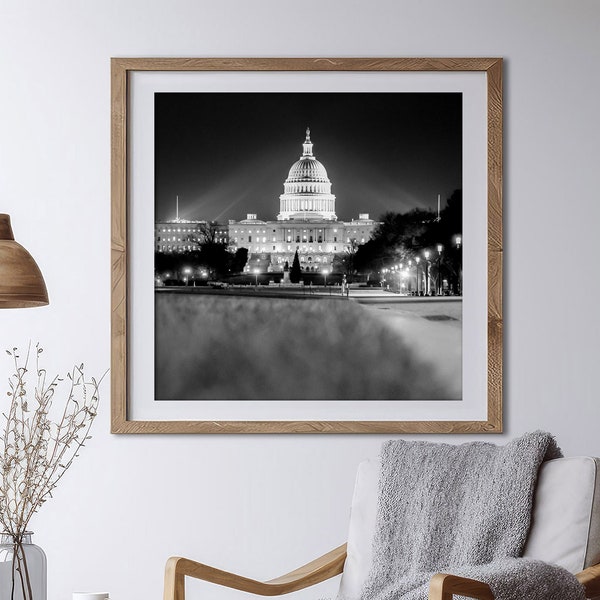 Washington DC Art, Black and White Photography, Capitol Building at Night, DC Wall Decor, US Capitol | Many Sizes