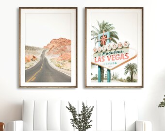 Las Vegas Art, Photography Print Set of 2 - Unframed | Desert Road Print, Game Room Wall Art, Vintage Las Vegas Sign Decor | Many Sizes