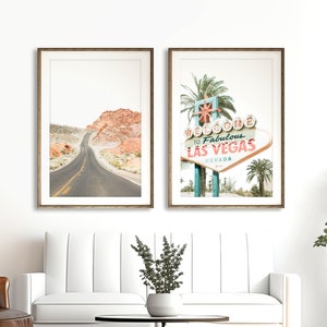 Las Vegas Art, Photography Print Set of 2 - Unframed | Desert Road Print, Game Room Wall Art, Vintage Las Vegas Sign Decor | Many Sizes