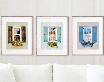 Charleston Print Set of 3, Charleston Window Photography, Blue Green Decor, Charleston Home, Southern Decor, Window Box Art,Many Sizes Avail