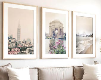 San Francisco Art, California Prints, Golden Gate Bridge, Palace of Fine Arts, Soft Pink Neutral Decor (set of 3 - unframed photography)