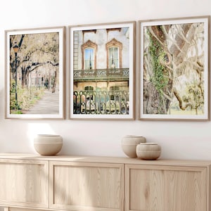 May include: Three framed art prints featuring scenic views. One print shows a tree-lined pathway, another a building facade with a balcony, and the third a close-up of a tree trunk. The prints are displayed above a light wood cabinet.