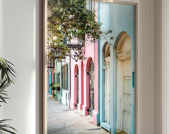 Charleston Photography Print, Rainbow Row Wall Art, Pastel Architectural Print, Pink Southern Home Decor - "Pastels of Bay"