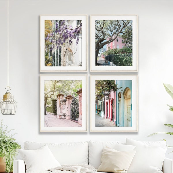 Charleston Wall Art, Print Set of 4 | Photography - Unframed | Charleston Pastels, Rainbow Row, Charleston Gates, Doors, Trees, Pink Art