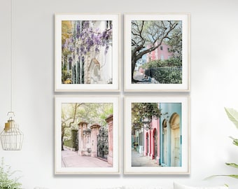 Charleston Wall Art, Print Set of 4 | Photography - Unframed | Charleston Pastels, Rainbow Row, Charleston Gates, Doors, Trees, Pink Art