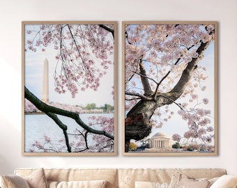 Washington DC Art, Set of 2 Cherry Blossoms DC Photography DC Print Set Washington Monument Cherry Tree Art Jefferson Memorial