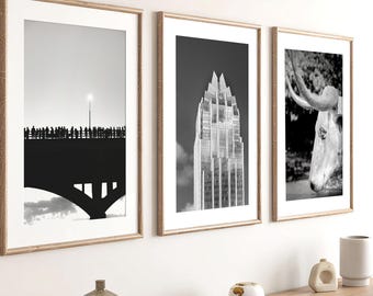 Austin Texas Art - Modern Downtown Black and White Prints, Congress Avenue Bridge, The Owl Building, Texas Longhorn (unframed)