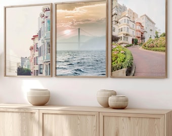 San Francisco Art, Print Set of 3, San Francisco Photography, San Francisco print set, Golden Gate Bridge, Lombard Street,Travel Art,Pastel
