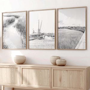 Charleston Photography Art, Print Set of 3 - Unframed | Shem Creek Artwork, Black and White Coastal Wall Art, Low Country Boat | Many Sizes