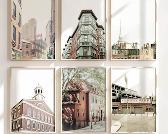 Arte de Boston, juego de 6 láminas sin marco, fotografía de Boston, arte arquitectónico para pared de Boston, North End, Charlestown, Fenway, Faneuil / Varios tamaños