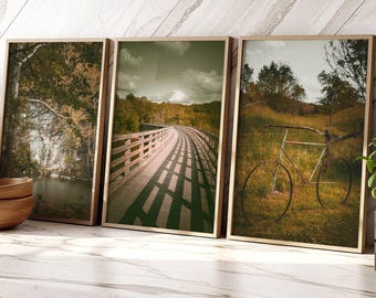 Virginia Creeper Trail, Farmhouse Wall Art Fall Print Vintage Virginia Landscape Bicycle Art (Unframed Photography - Set of 3)