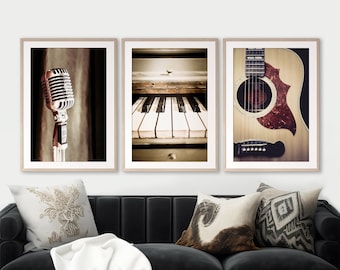 Music Art Set of 3 Music Prints Gift for Music Lover Wall Art Gift for Musician Guitar Art Piano Print Microphone Print Jazz Prints