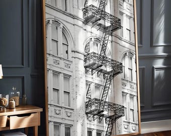 Arte neoyorquino, fotografía en blanco y negro, impresión de la ciudad de Nueva York (sin marco), edificio de Nueva York, Soho, escalera de incendios de Nueva York, arquitectura de Nueva York