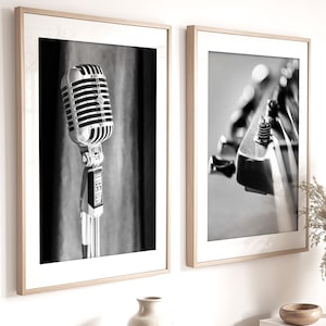 Music Print Set of 2, Music Wall Art, Black and White Photography, Guitar Print, Vintage Microphone, Rock Music Decor | Many Sizes