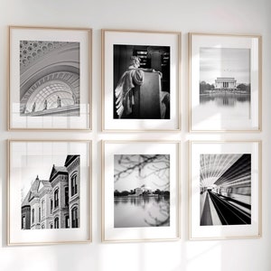 Washington DC Photography Print Set of 6, Unframed, Black and White Wall Art, Jefferson Memorial, Lincoln Memorial, Union Station, DC Metro