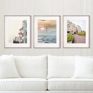 Set of 3 San Francisco photography featuring Golden Gate Bridge, row houses, Lombard street.  Colors are soft pastels of pink, green and blue.