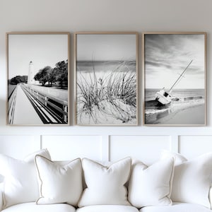 Nautical Art, Set of 3, Black and White Coastal Photography, Beach Print Set, Outer Banks, Sailboat Art, Ocracoke Lighthouse Print