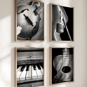 Country Music Art: Black and White Photography Prints Instrument Wall Art Nashville Vintage Microphone Old Piano Mandolin Acoustic Guitar