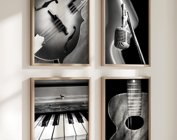 Country Music Art: Black and White Photography Prints Instrument Wall Art Nashville Vintage Microphone Old Piano Mandolin Acoustic Guitar