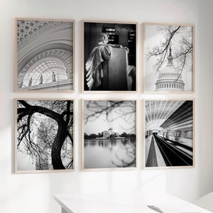 Washington DC Photography Print Set of 6, Unframed, Black and White Wall Art, Jefferson Memorial, Lincoln Memorial, Union Station, DC Metro