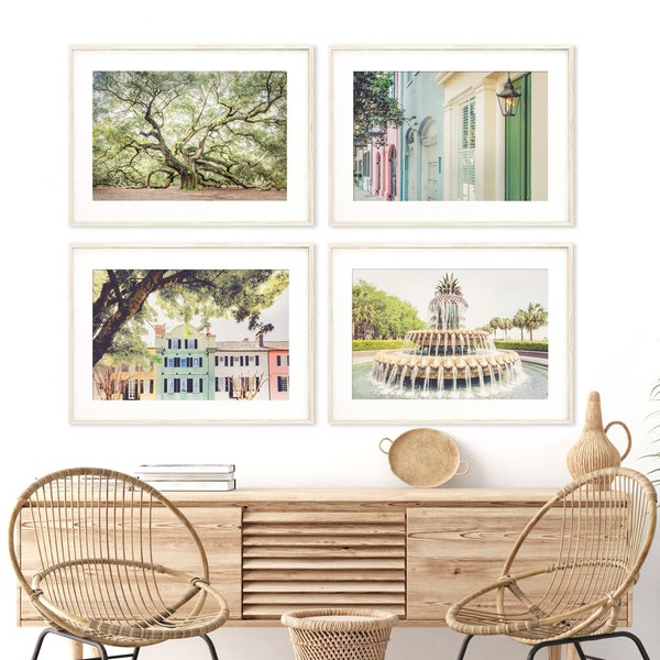 Charleston Art, Print Set of 4 | Unframed Photography | Angel Oak, Rainbow Row Print, Pineapple Fountain, Charleston Prints  | Many Sizes