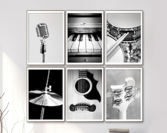 Musik Kunst, schwarz und weiß Fotografie Musik Drucke Geschenk für Musiker Set von 6 Instrumenten Mikrofon Klavier Gitarre Trommeln Bass Jazz Wand Kunst
