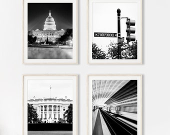 Washington DC Print Set of 4, Black and White Photography | featuring Capitol Building, White House, Metro | Architectural Wall Art