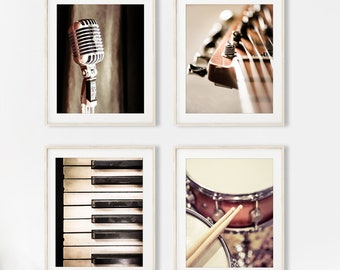 Music Art, Music Photography Print Set of 4 - Unframed, Piano Art, Guitar Print, Old Microphone, Drum Photo, Music Decor, Gift for Musician