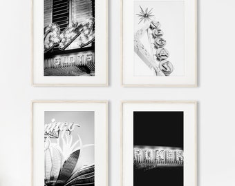 Las Vegas Print Set of 4, Black and White Vegas Photography - Unframed | Poker and Slots Wall Art, Vegas Neon Sign Decor, Game Room Art