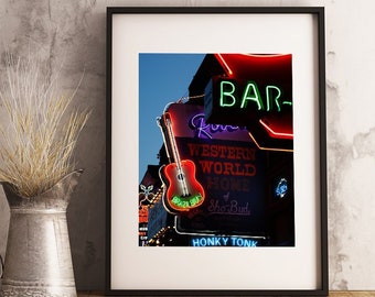 Nashville Neon Sign Photography | Unframed | Downtown Nashville Print, Country Music Bar Art, Guitar Photo, Honky Tonk, Vintage Music Art