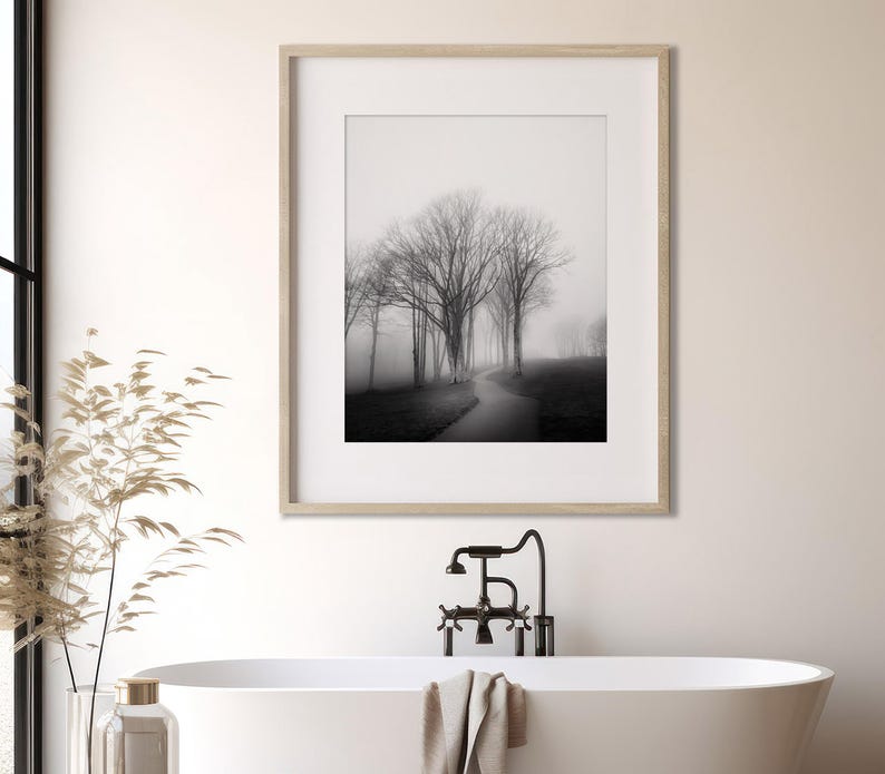 Foggy Tree path photography print.