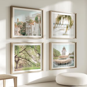 Charleston Art, prentset van 4 | Niet-ingelijste fotografie | Charleston-pastelkleuren, ananasfontein, levende eiken, bootafdruk | Vele maten