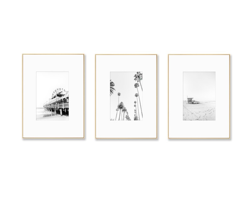 Set of 3 Santa Monica black and white photography prints showing the ferris wheel, palm trees and a lifeguard stand on the beach.