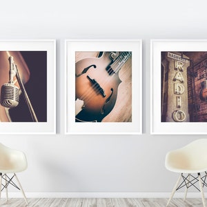 Set of 3 country music prints featuring details in Nashville, Tennessee.  A old vintage microphone, a mandolin and an old nashville radio sign.