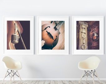 Nashville Prints, Set of 3, Country Music Art, Nashville Wall Art, Mandolin, Microphone, Radio Art, Nashville Decor | Many Sizes