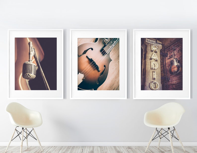 Set of 3 country music prints featuring details in Nashville, Tennessee.  A old vintage microphone, a mandolin and an old nashville radio sign.